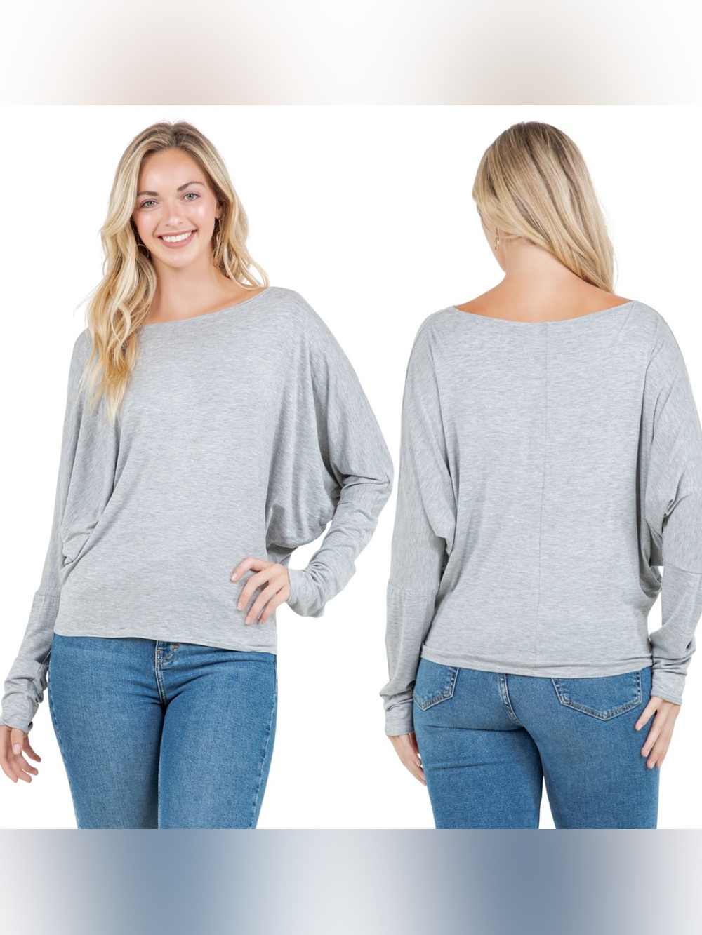 Dolman Top Oversized Batwing Long Sleeve Sweater Gray Tunic Blouse Large New